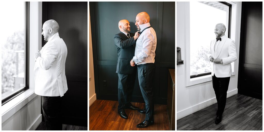 groom getting ready in the groom's suite at the trillium venue