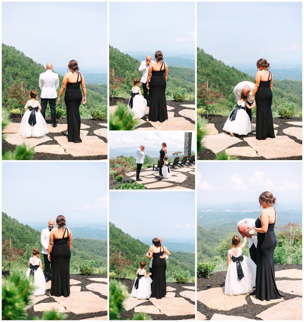 groom's first look with his daughters in the smoky mountains