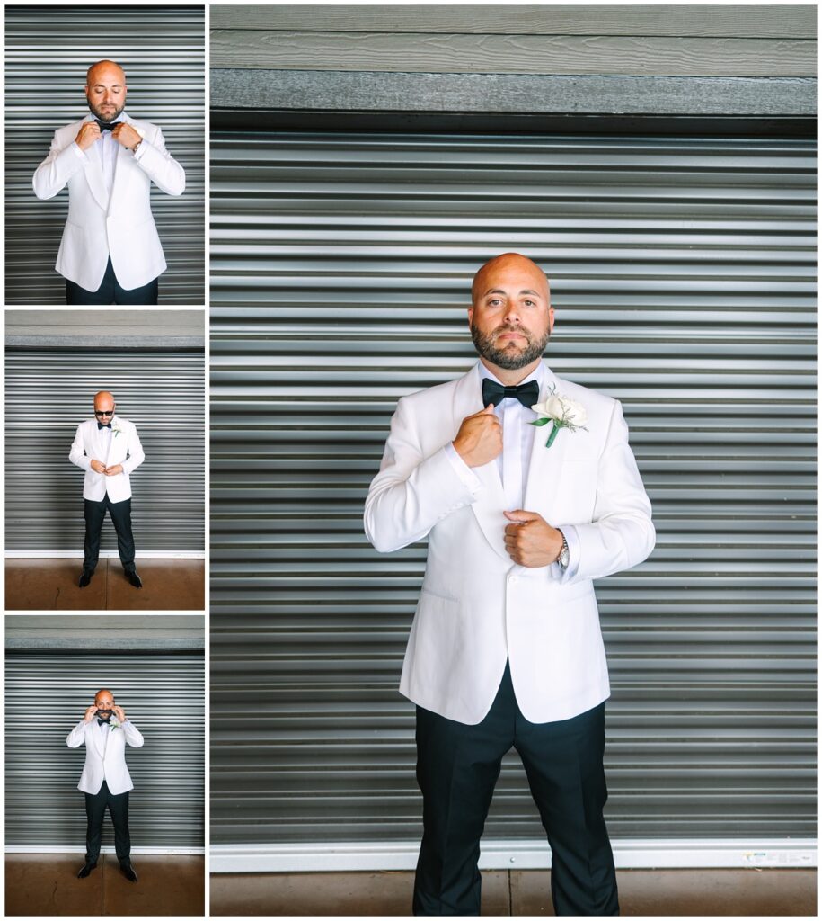 groom photos in front of garage door at the trillium venue