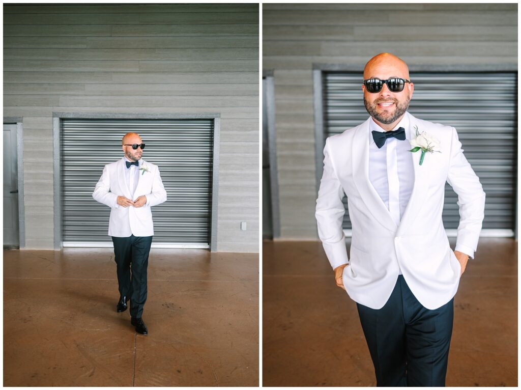 groom photos in front of garage door at the trillium venue