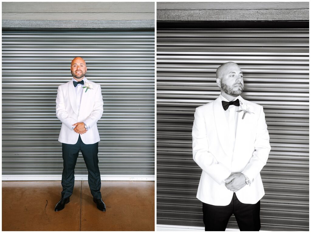 groom photos in front of garage door at the trillium venue