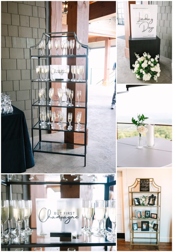 wedding details photos including champagne display