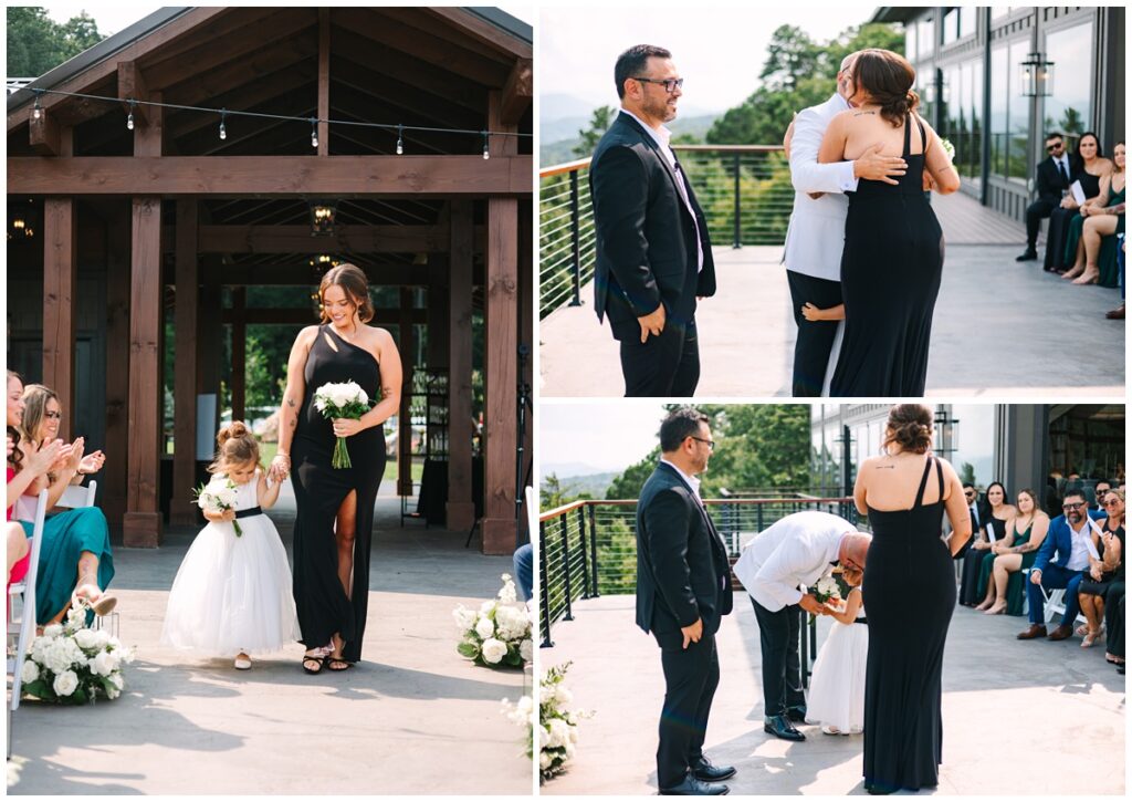 groom's daughters walking down the aisle and greeting him