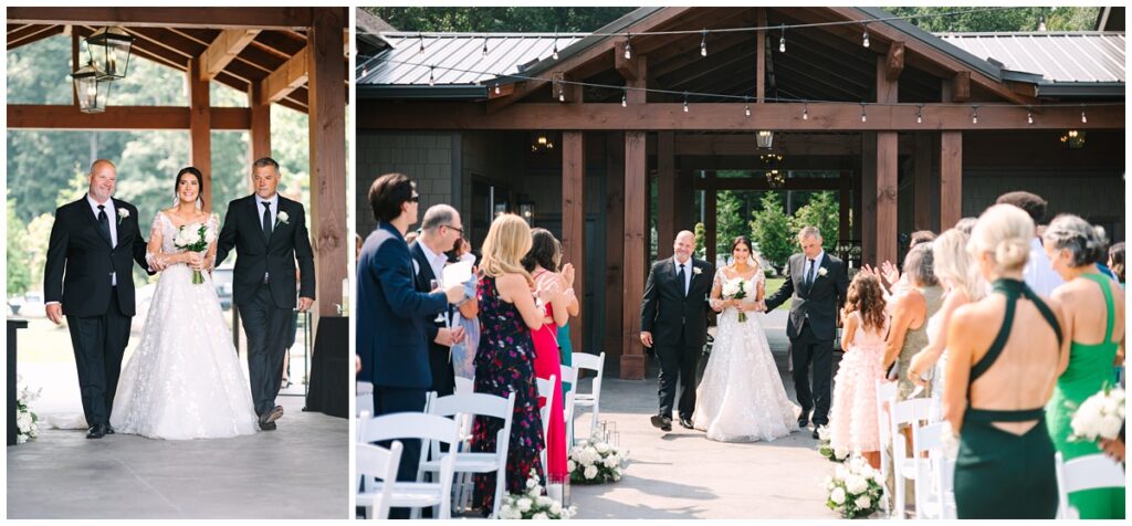 bride walking down the aisle with her two dads