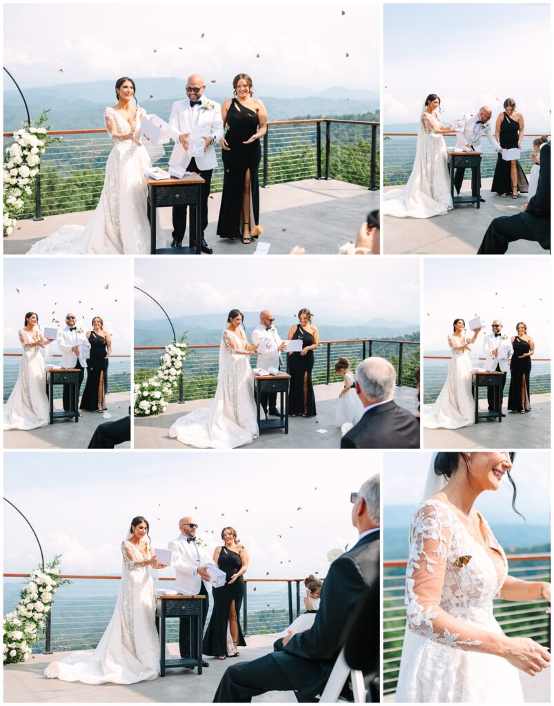 wedding ceremony butterfly release with the bride, groom, and their two children at the trillium venue in sevierville, tennessee