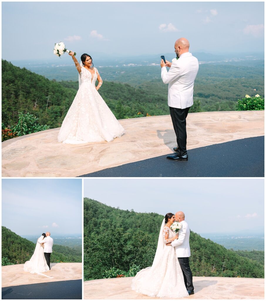 photos of the groom taking a photo of his beautiful bride, and then gazing at the smoky mountains