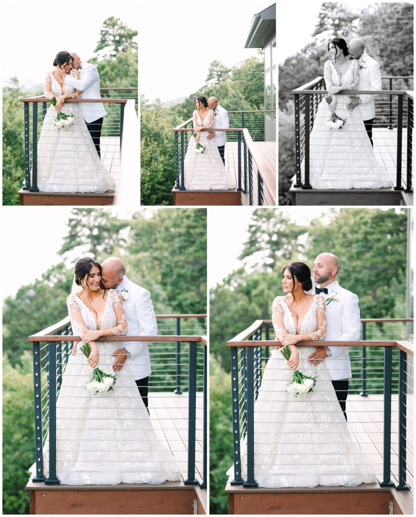 bride and groom portraits on the patio at the trillium venue in the smoky mountains