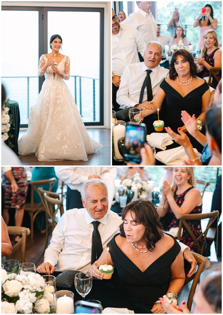 bride surprising the groom's mother with a birthday cupcake