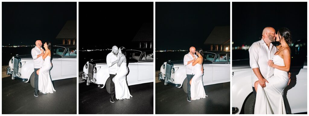 bride and groom nighttime couples photos with a 1957 Bentley S1