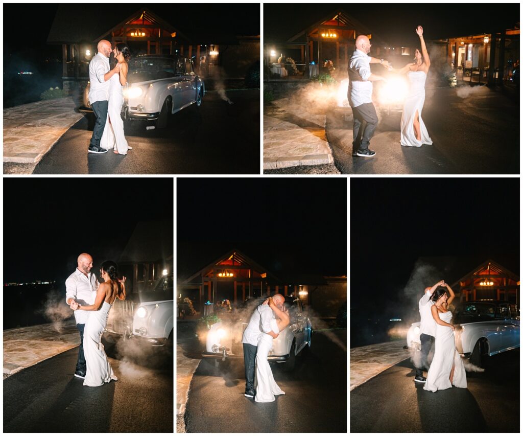 bride and groom nighttime couples photos with a 1957 Bentley S1 at the trillium venue in tennessee