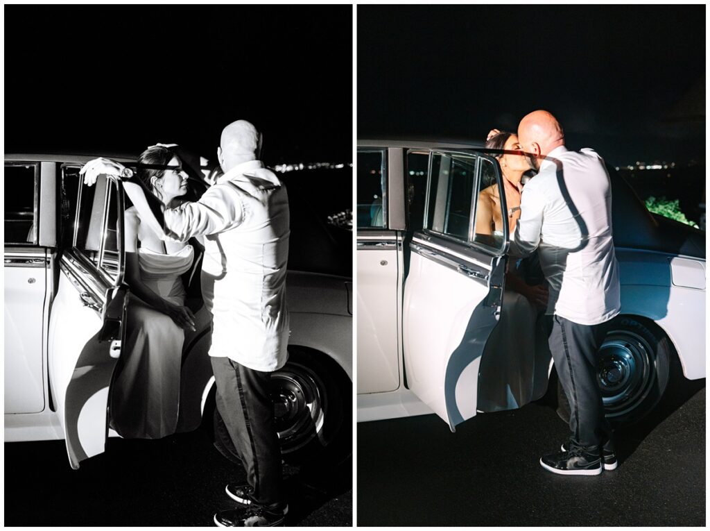 bride and groom nighttime couples photos with a 1957 Bentley S1 at the trillium venue in tennessee