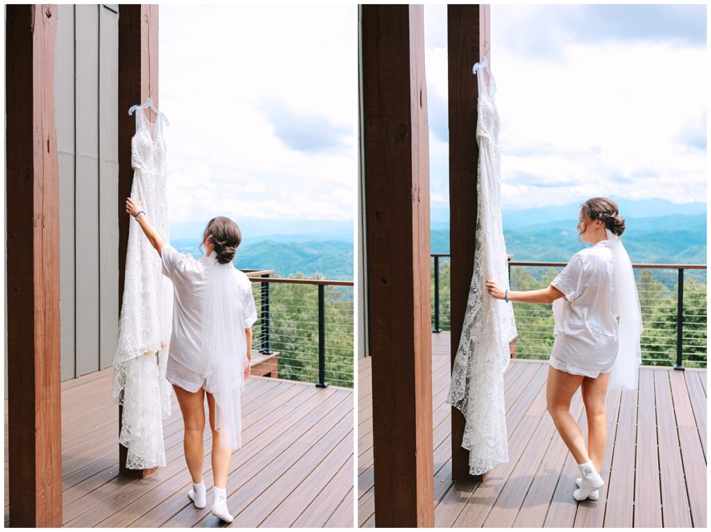 bride admiring her wedding dress