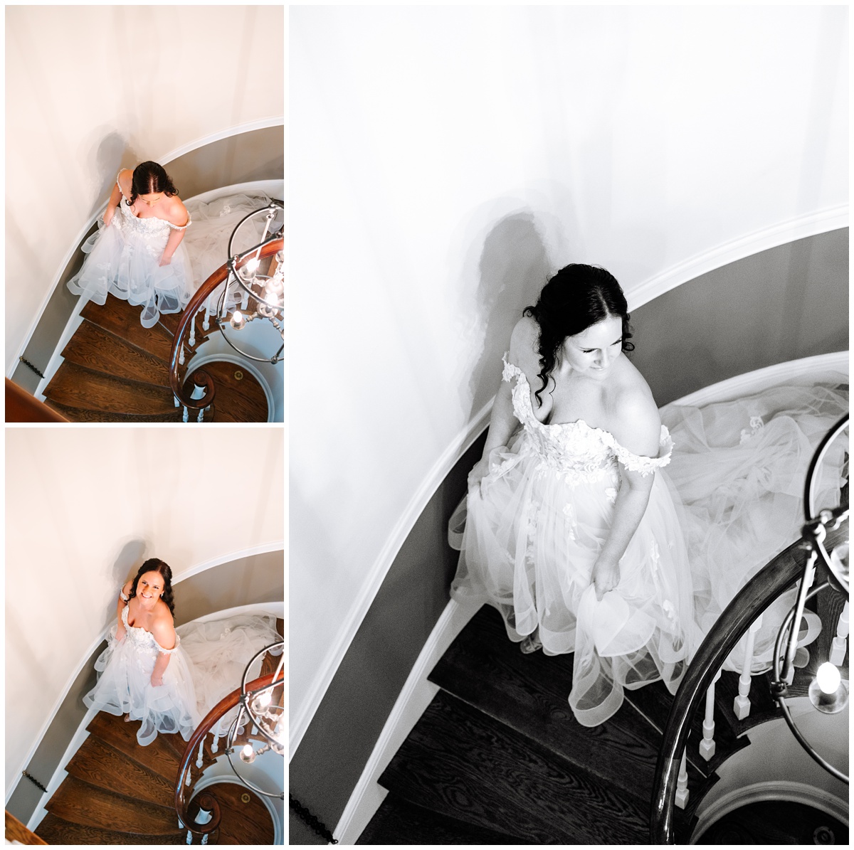 bride walking down spiral staircase