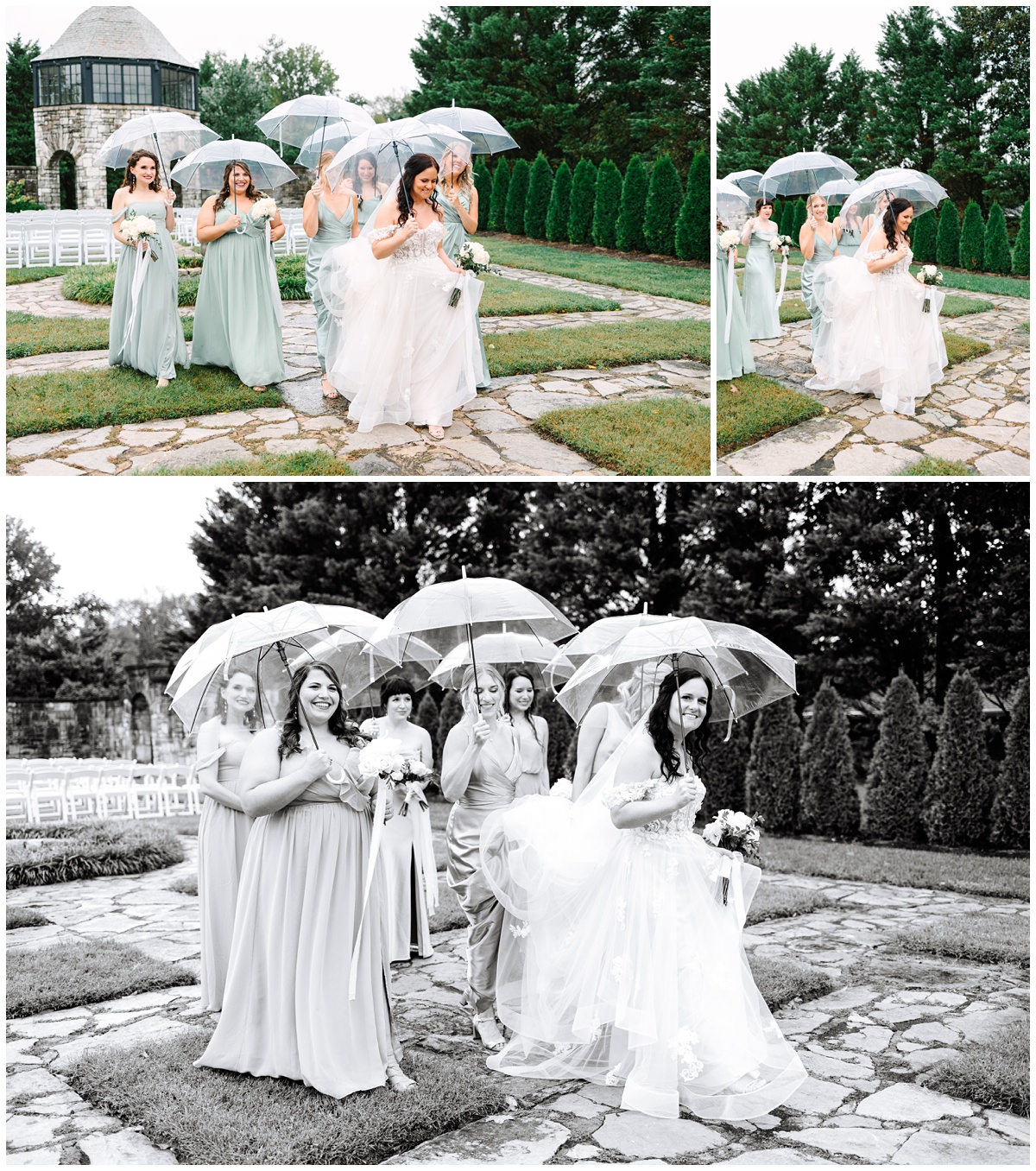 rainy bridal party photos with clear umbrellas