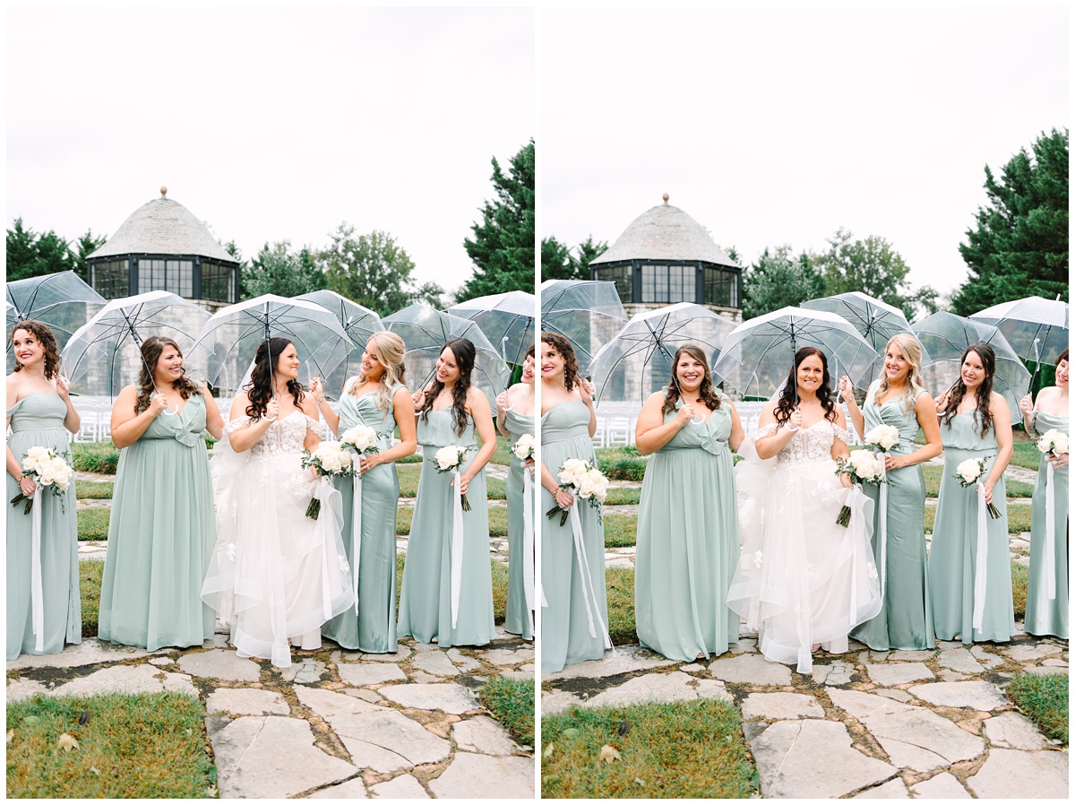 clear umbrella bridal party photos in clinton