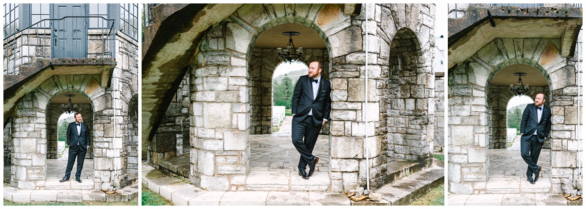 groom portraits with stunning historical rock structure