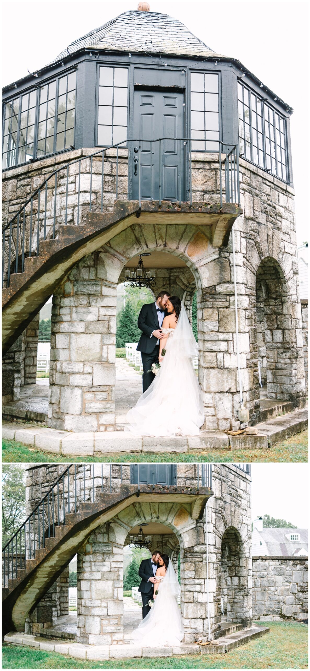 couples portrait under historical rock structure of the kincaid house