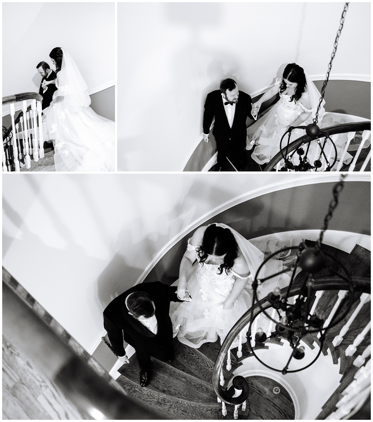 bride and groom walking down spiral staircase