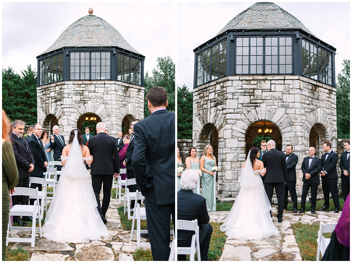 back of bride and her father walking down the aisle