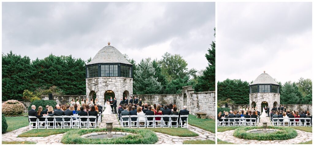 wedding ceremony in front of historical structure