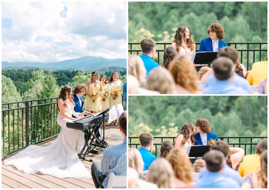 bride and groom performing a song together on the piano keyboard at their wedding ceremony