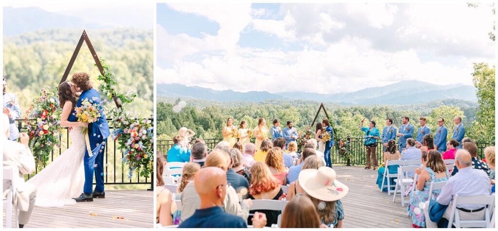 bride and groom's first kiss at the venue at greenbrier estate