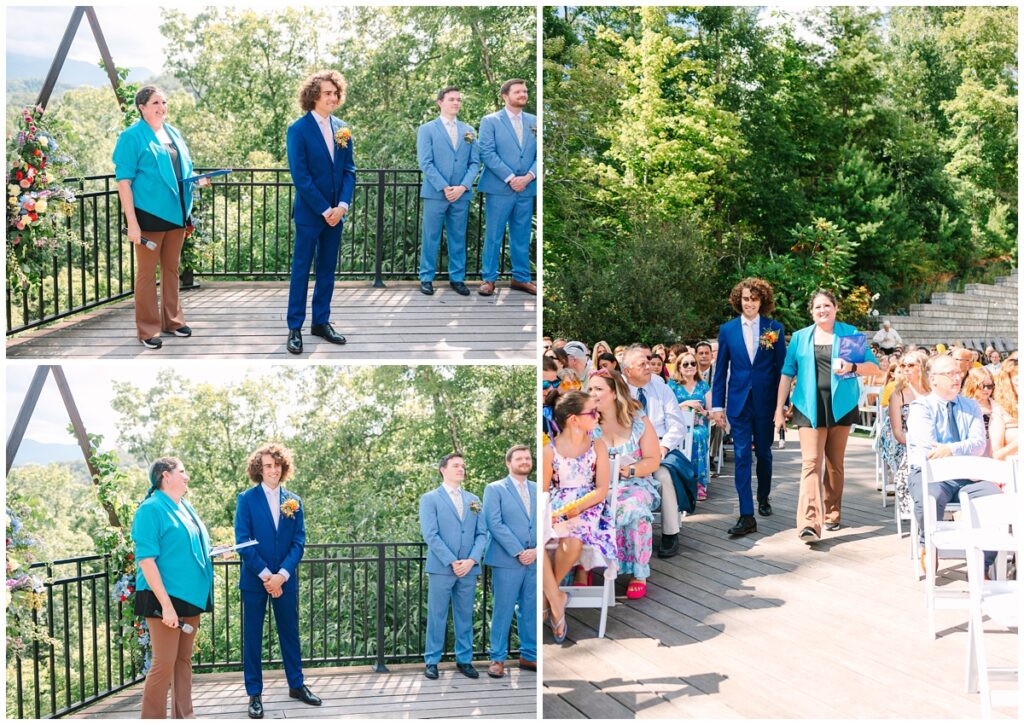 groom walking down the ceremony aisle and waiting for his bride