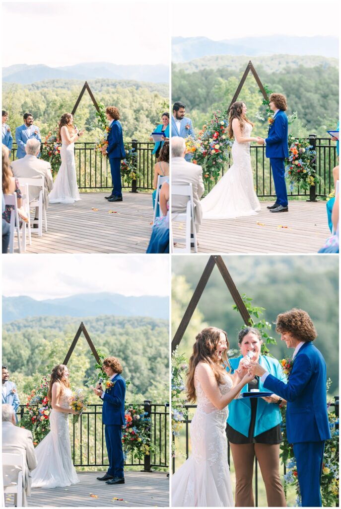 bride and groom exchanging vows and rings at their wedding in gatlinburg, tn