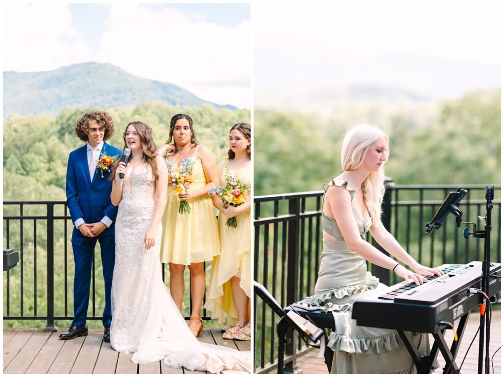 the bride speaking at her wedding ceremony, and a musician playing the piano