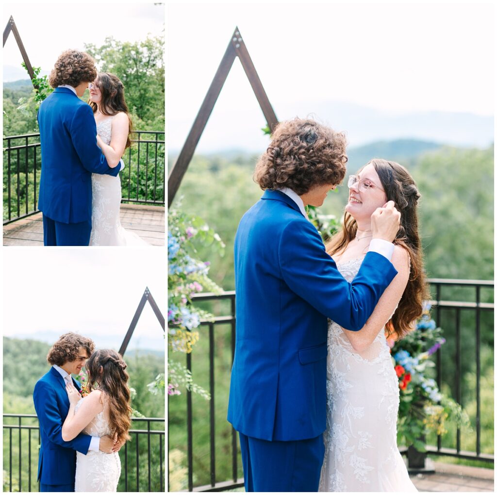 bride and groom portraits with the smoky mountains in the background