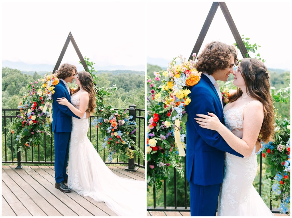 bride and groom portrait with a mountain backdrop