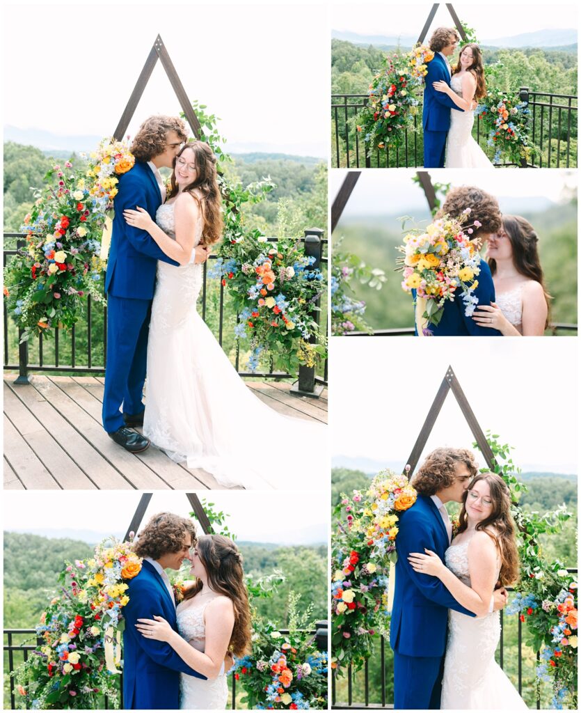 bride and groom portraits in front of their wedding arbor with the smoky mountains in the background