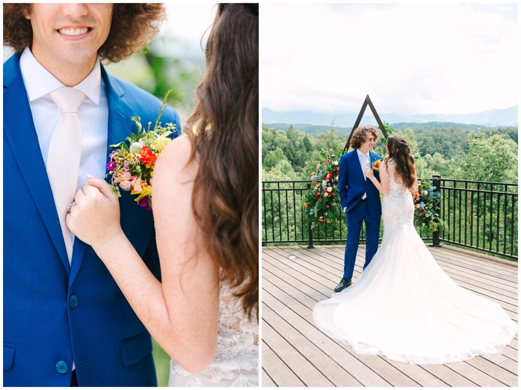 bride and groom portraits in front of their wedding arbor with the smoky mountains in the background in gatlinburg, tennessee