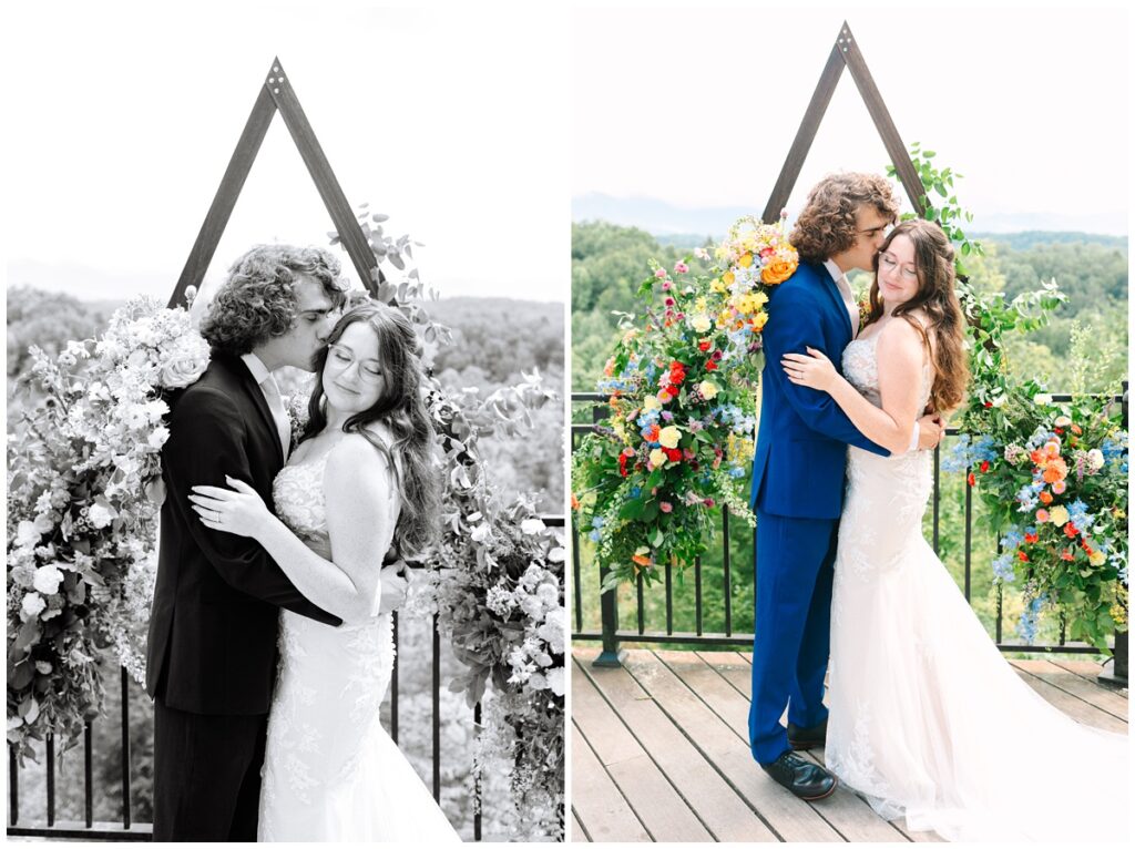 bride and groom portraits in front of their wedding arbor with the smoky mountains in the background