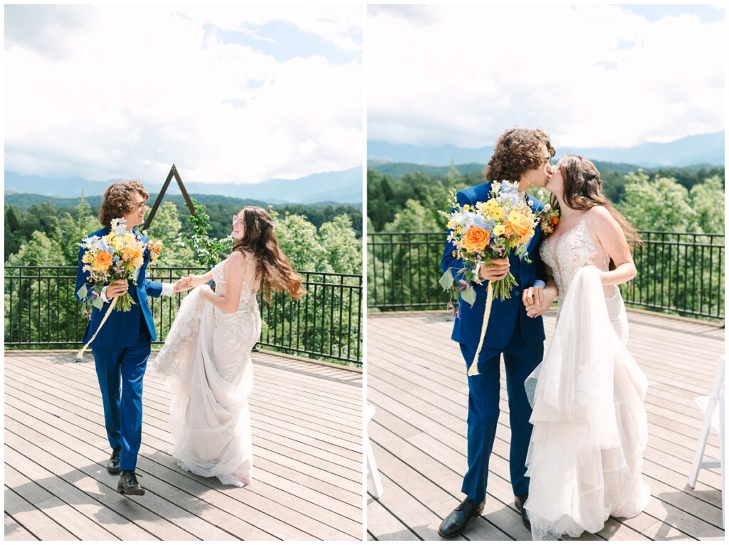 bride and groom portraits in front of their wedding arbor with the smoky mountains in the background