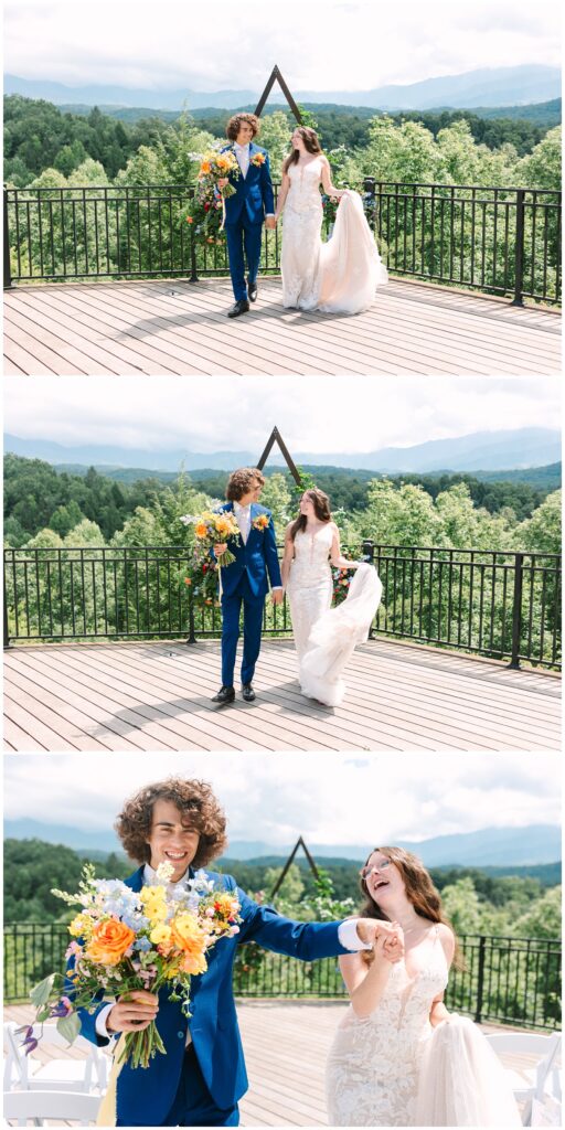 bride and groom portraits in front of their wedding arbor with the smoky mountains in the background in gatlinburg, tennessee