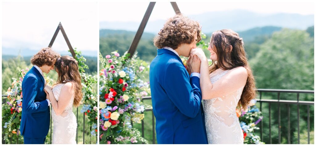 bride and groom portraits in front of their wedding arbor with the smoky mountains in the background in gatlinburg, tennessee