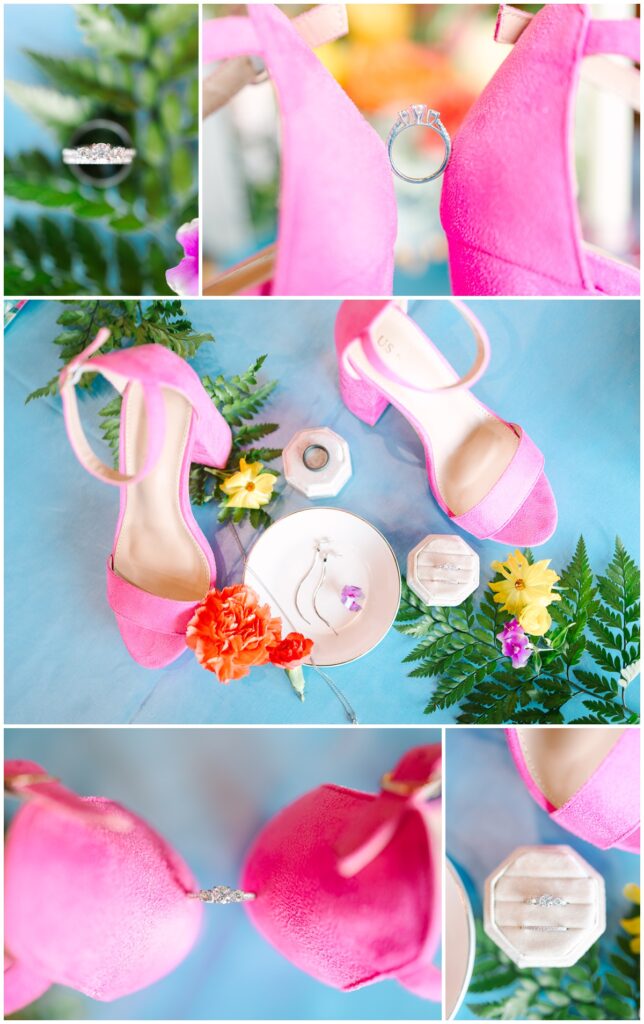 simple colorful flat lay with hot pink wedding heels