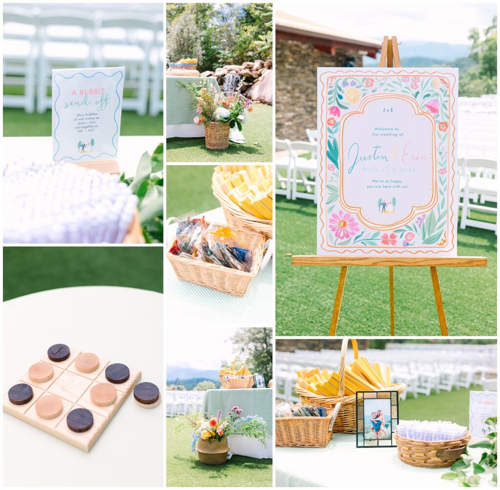 outdoor wedding detail photos including signage, heart shaped glasses, bubbles, tic-tac-toe, and floral arrangements