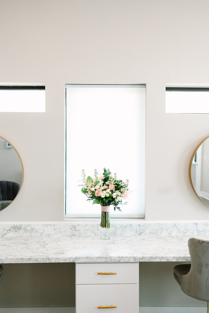 photo of bride's bouquet in the bridal suite