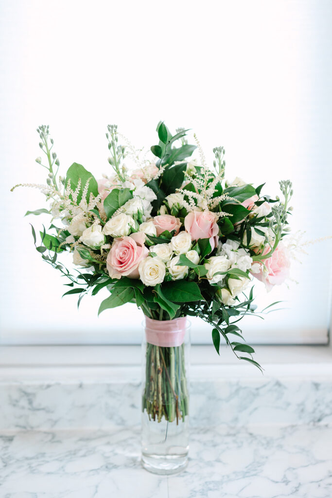 photo of bride's bouquet in the bridal suite