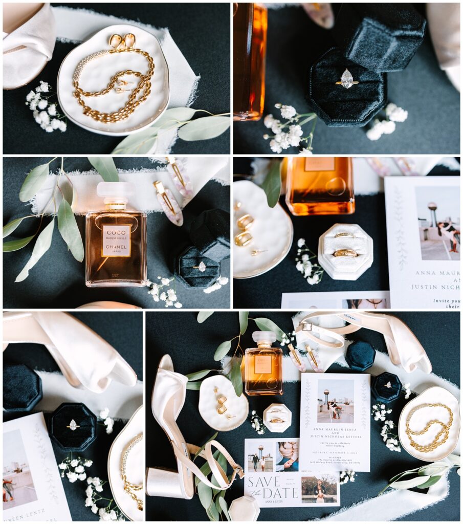 black and white color scheme wedding flat lay photos