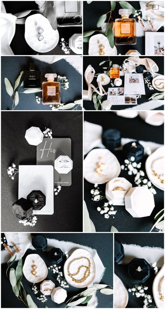 black and white color scheme wedding flat lay photos at the reserve at bluebird hill