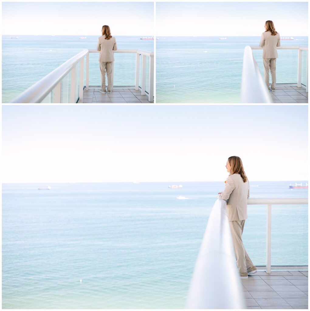 groom looking out at the ocean before first look