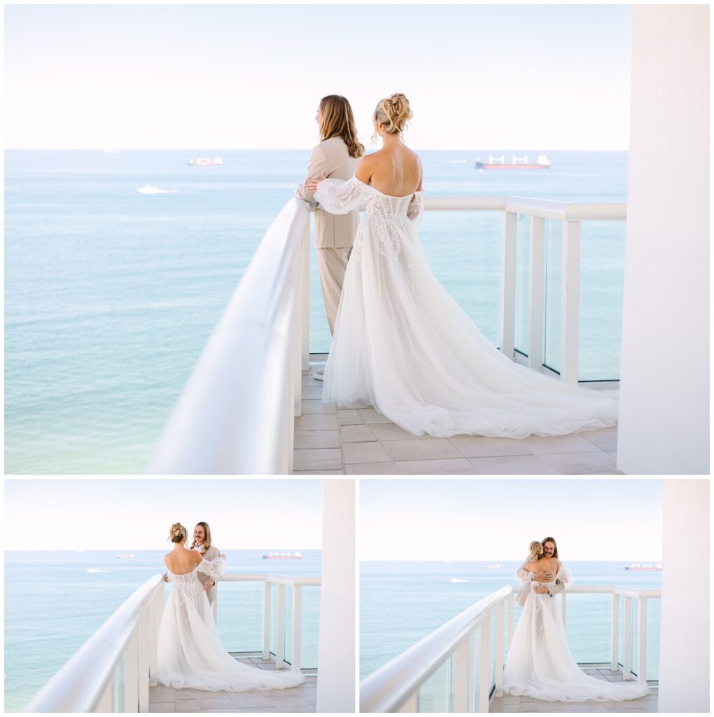 bride and groom balcony first look