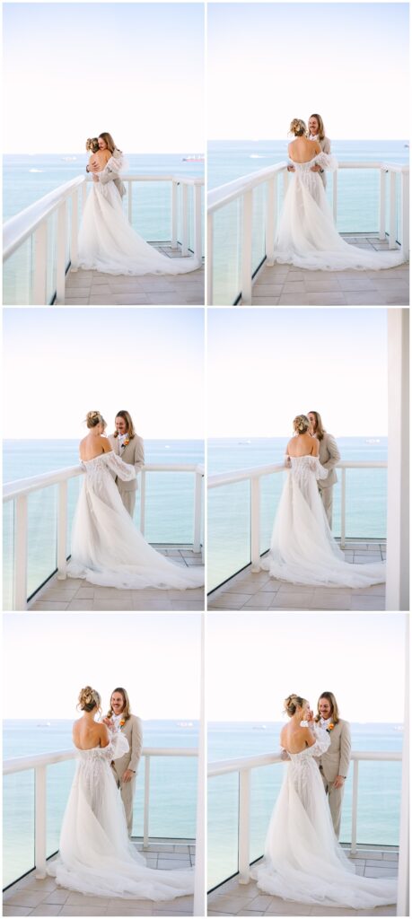 bride and groom balcony first look overlooking ft. lauderdale ocean