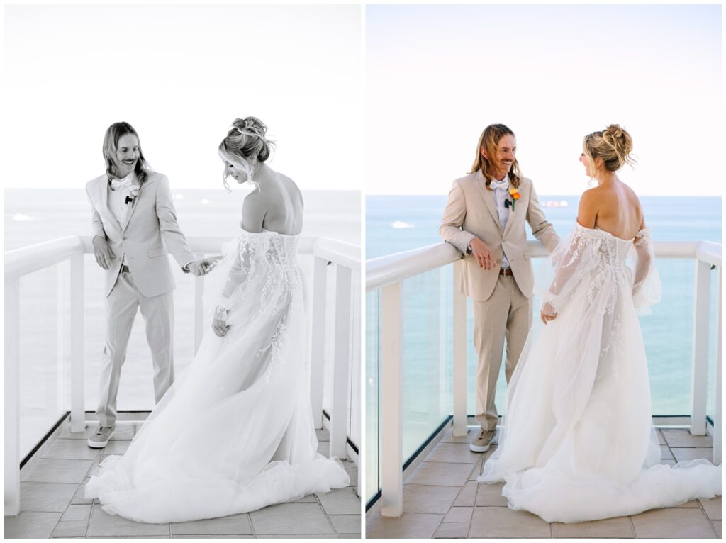 bride and groom balcony first look with oceanview