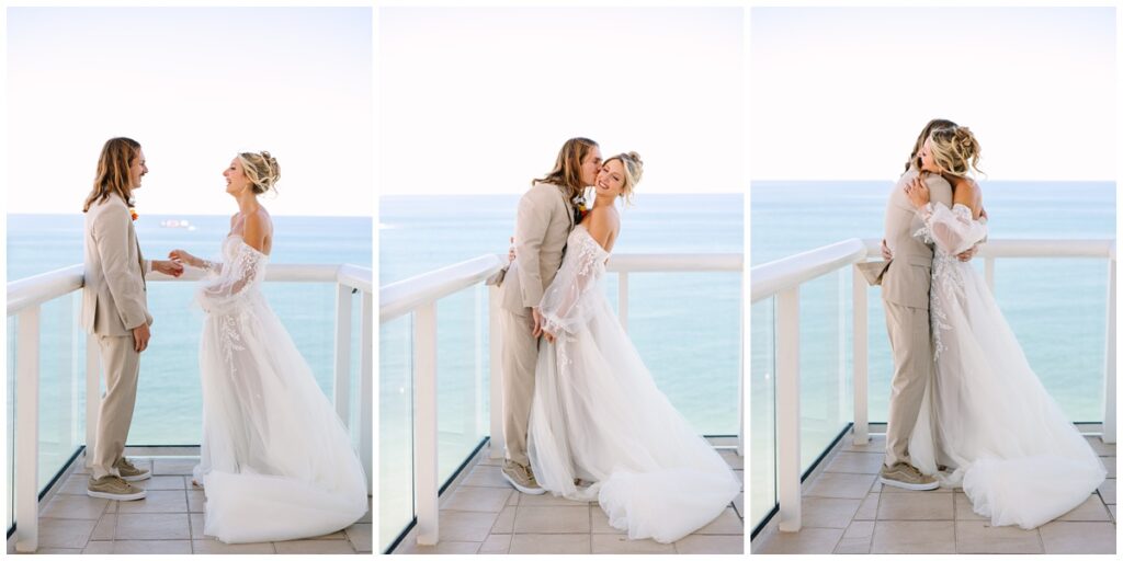 bride and groom balcony photos