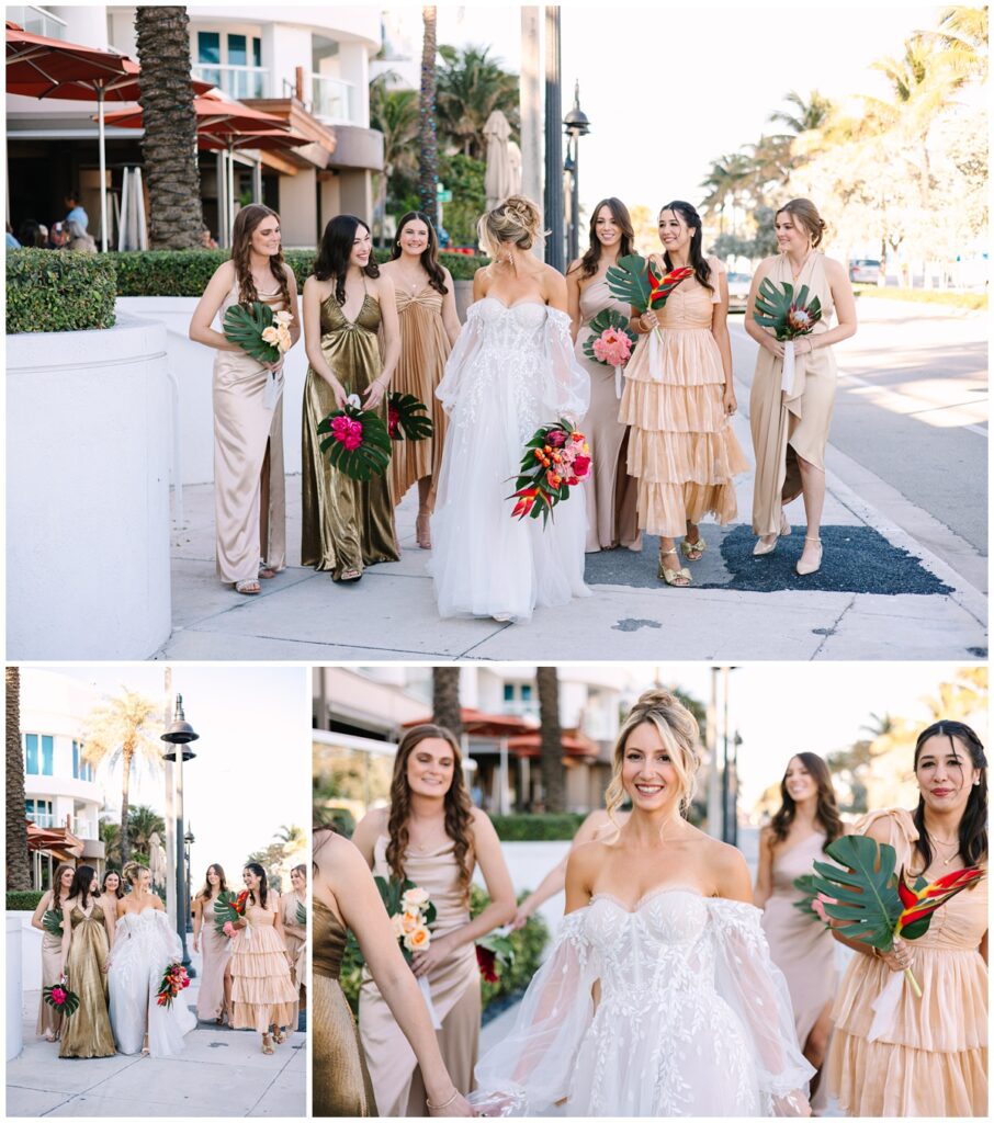 bridal party photos in the street