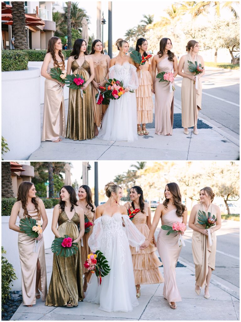 beach bridal party photos on the sidewalk